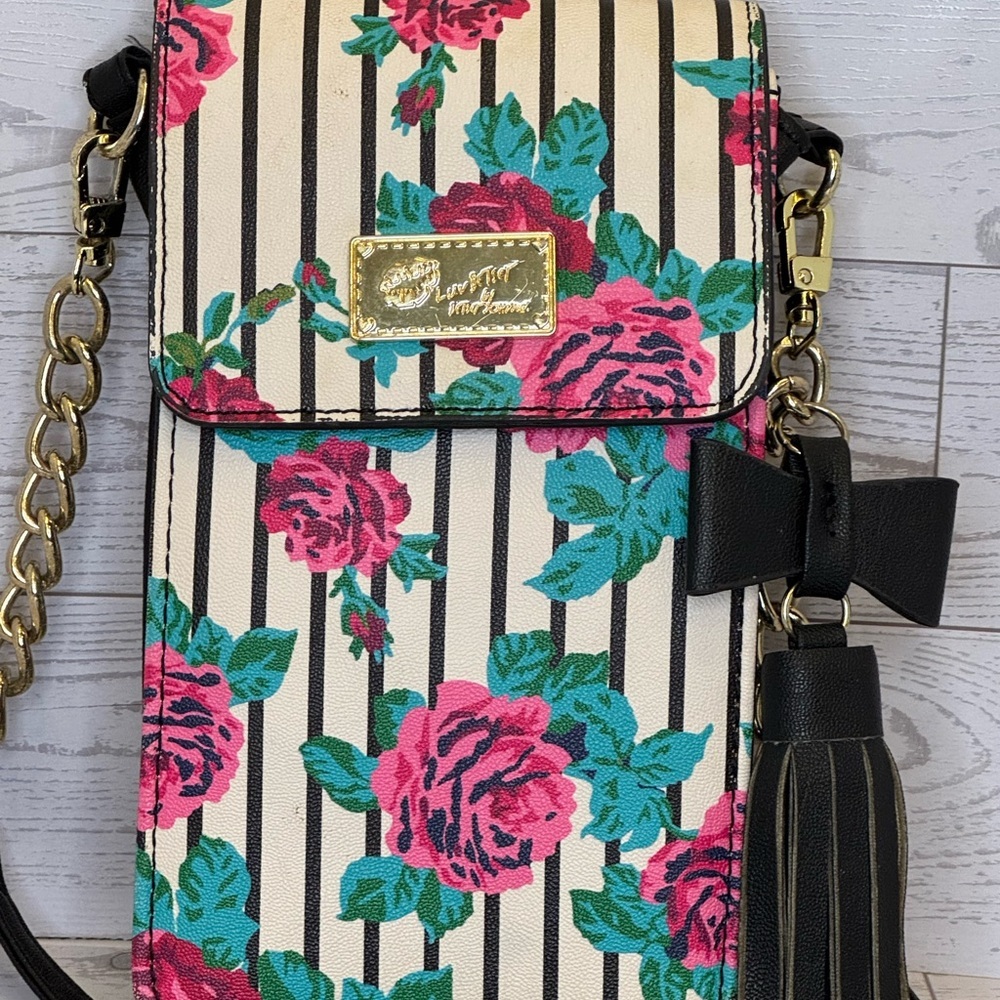 Luv Betsey Betsey Johnson Wallet on a String Floral Striped Crossbody Bag - Picture 2 of 8